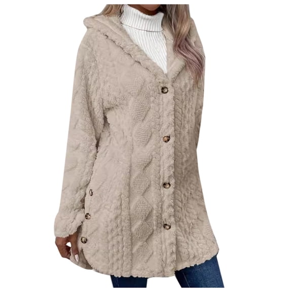 Tiweut Leisure Jackets for Womens Solid Color Long Sleeve Hooded Button Cardigan Cozy Coat Blouses Beige,L