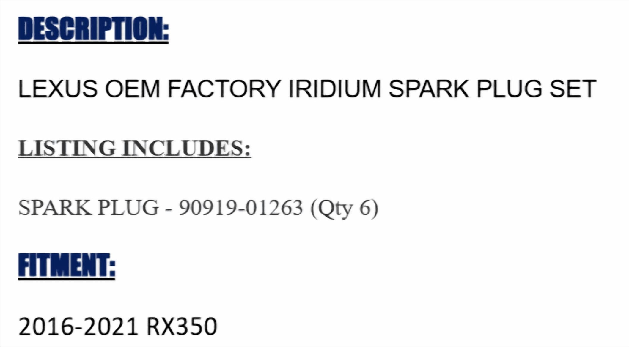 LEXUS OEM FACTORY IRIDIUM SPARK PLUG SET 2016-2021 RX350 - 90919-01263