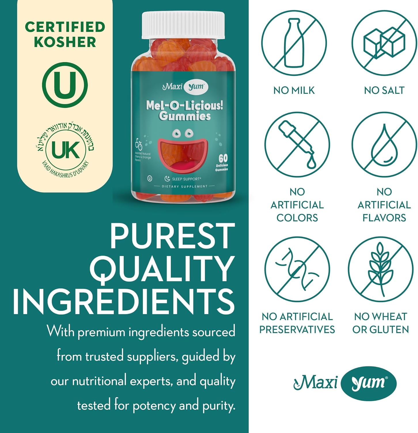 Maxi Health Kosher Melatonin Gummies 1 mg - Sleep Support Supplement - Assorted Fruit Flavor - 120 Gummies