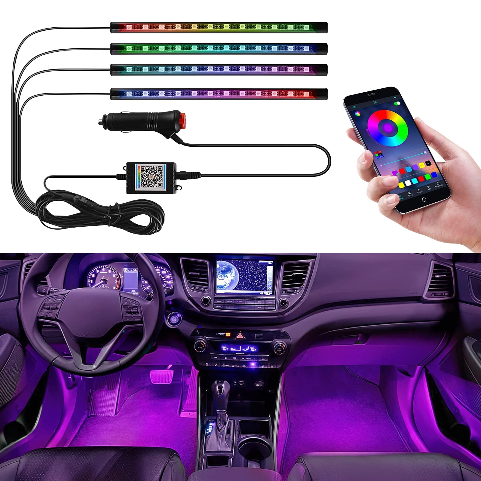 APP Control Car LED Lights, Smart Car LED Strip Lights, Interior Car Lights  with Music Mode and 16 Million Colors, Under Dash Lights for Cars, SUVs