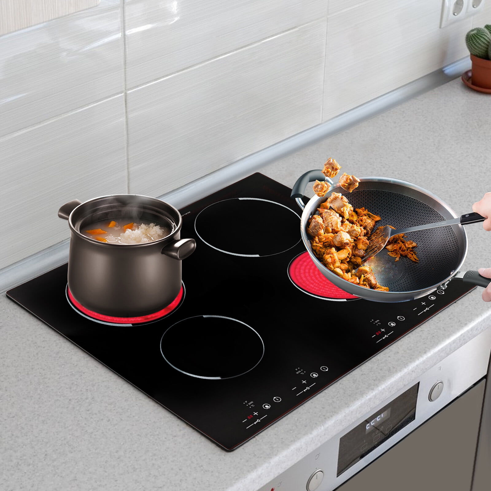Electric Cooktop 4 Burners, Built-in & Countertop Ceramic Stove Top, 9 Heating Level, Timer, Child Lock, Sensor Touch Control & Residual Heat Indicator,Drop-in Electric Stove Top 3000W