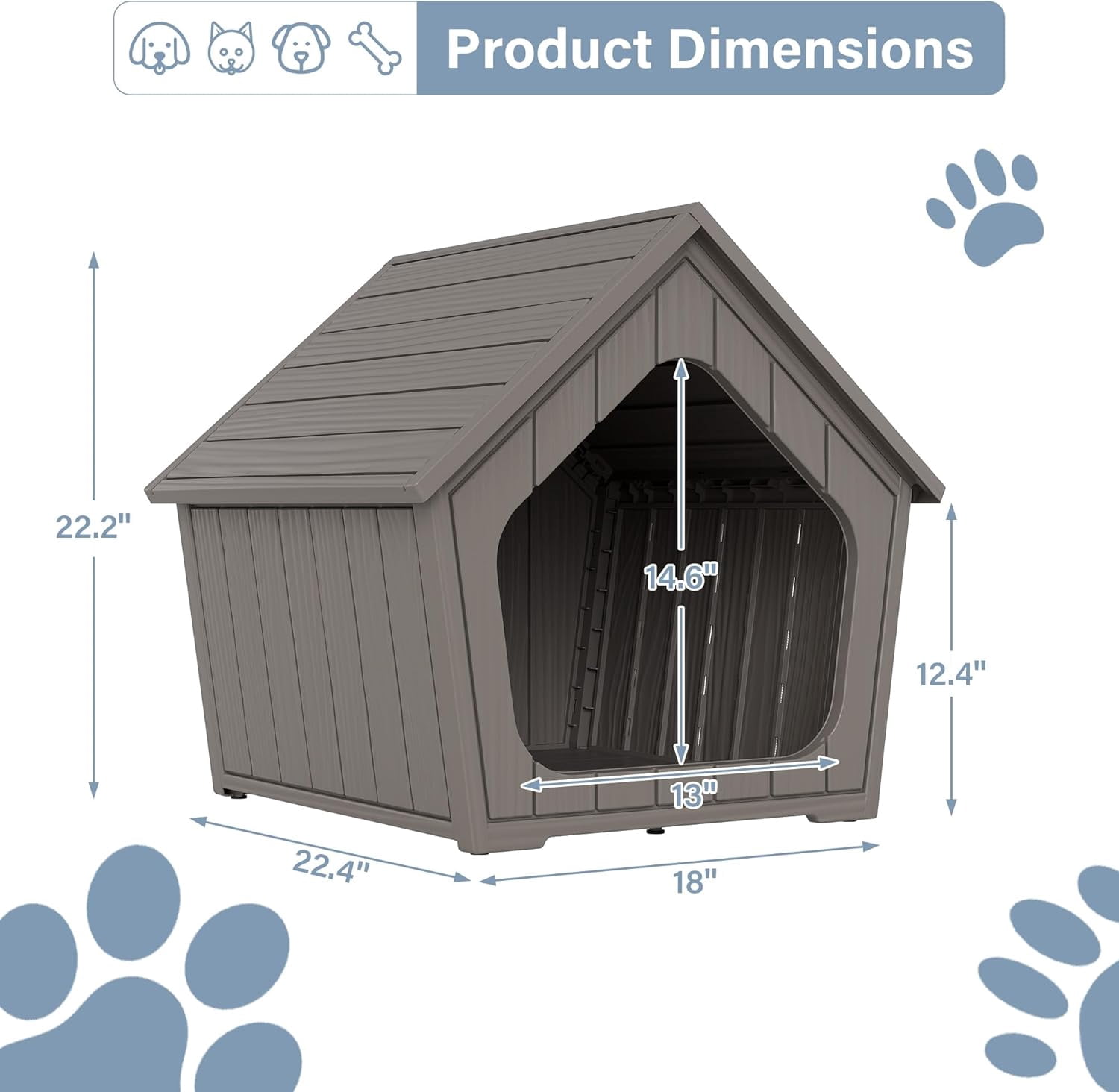 Sunny Lane Dog House Outdoor Indoor for Small Dogs - Plastic Pet Shelter, Easy-Assemble & Weather-Resistant for Living Room, Balcony (Grey, 18" L x 22.4" W x 22.2" H)