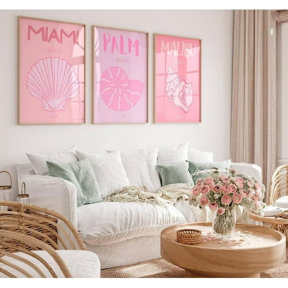 3Pcs Pink Preppy Canvas Wall Art Beach Posters Seashell Pictures Funny Dormitory Wall Decor Prints for Bedroom Living Room Bathroom With Inner Frame