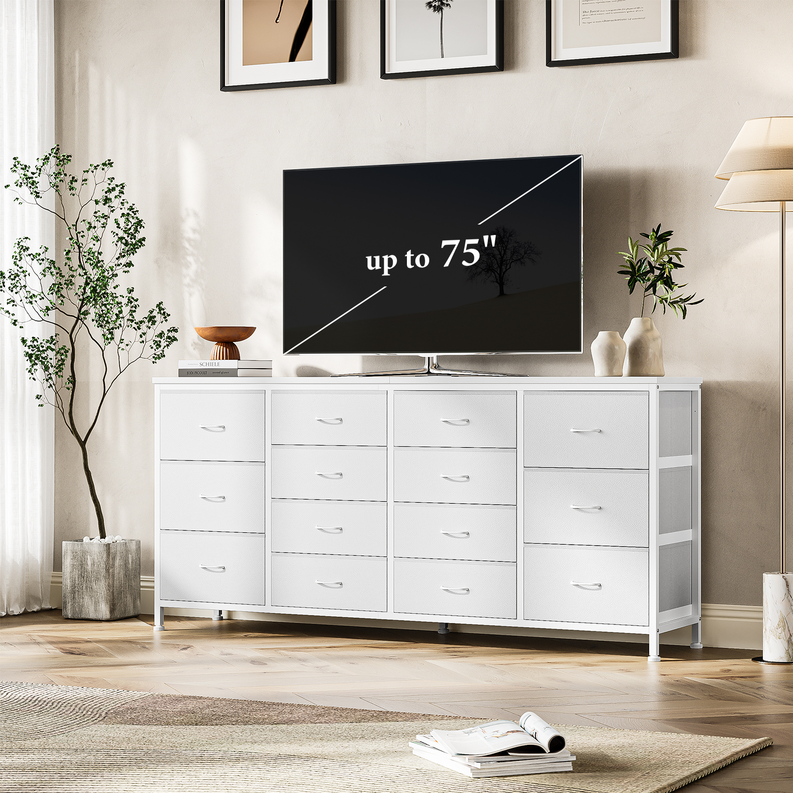 PIONEERWORKS 14-Drawer Dresser TV Stand, 63" Wide Fabric Storage Cabinet with Power Outlets for Bedroom, Entertainment Center for 65-75 Inch TVs, White