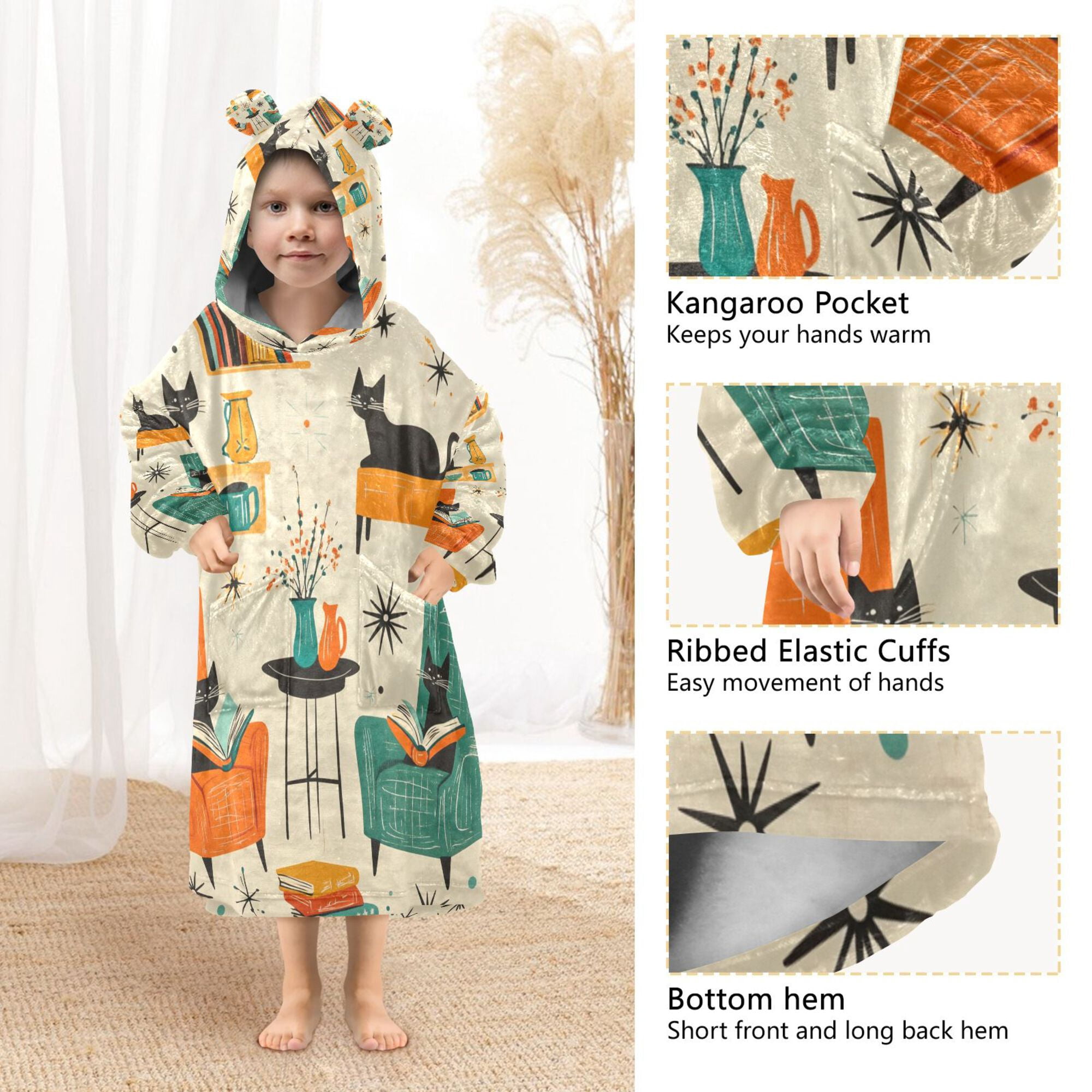 FORMRS Wearable Blanket Hoodie with Sleeves for Kids Cozy Flannel Sweatshirt, Black Cats Reading