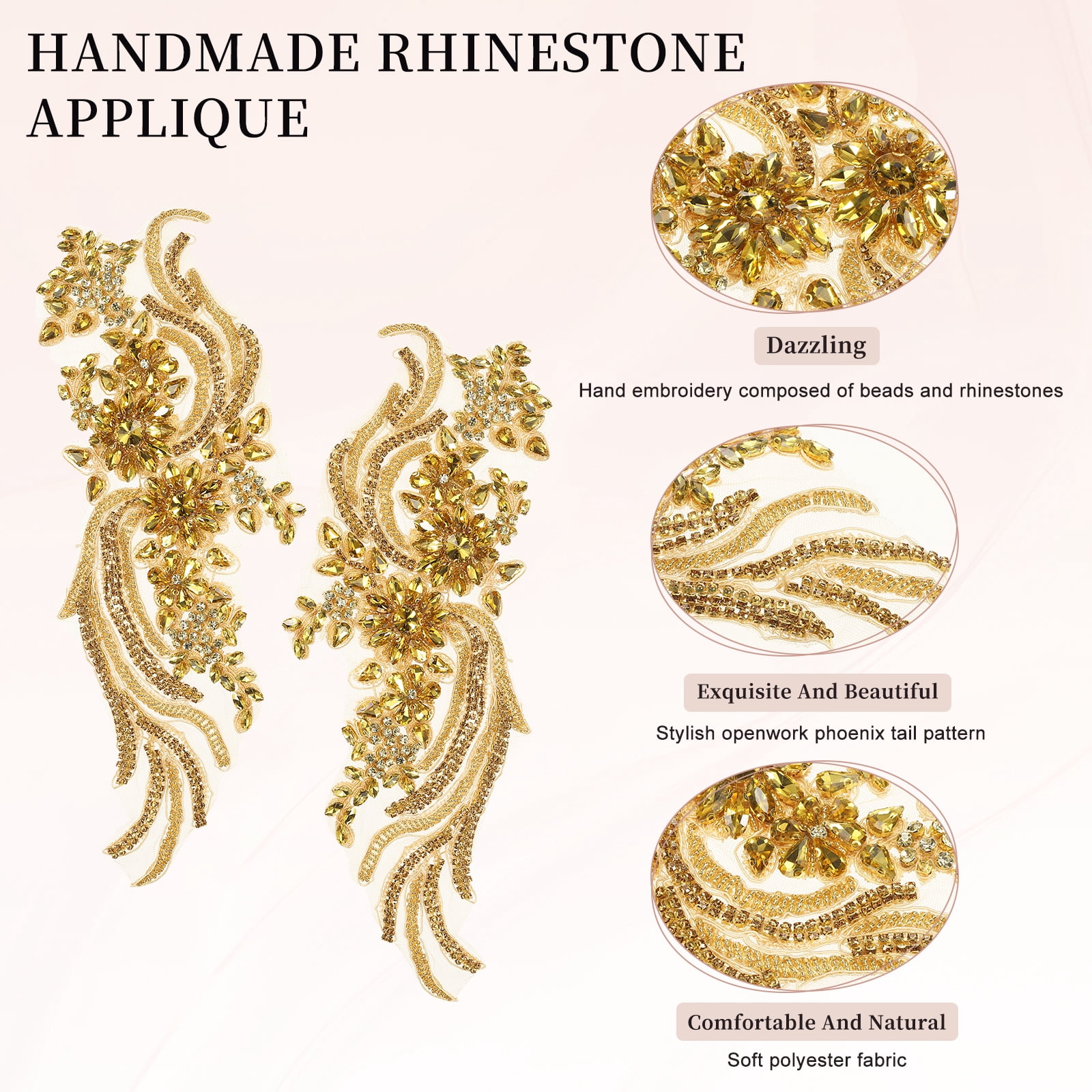 Uxcell 1 Pair Handmade Rhinestone Applique Patch, 14" x 5" Beaded Embroidery Sequin Patches for Sew on Wedding Dress Cloth DIY Crafts Decoration, Gold