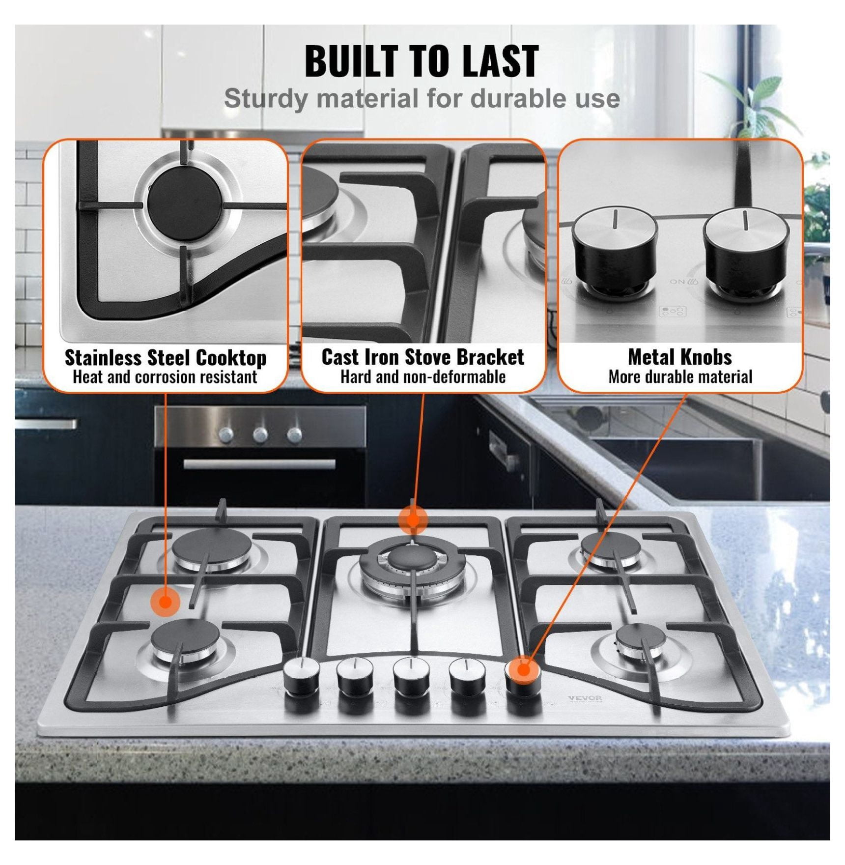 30 inch Gas Cooktop 5 Burners, 12250 BTU Built-in Stainless Steel Stove Top, LPG/NG Convertible, Thermocouple Protection, Natural Gas Hob