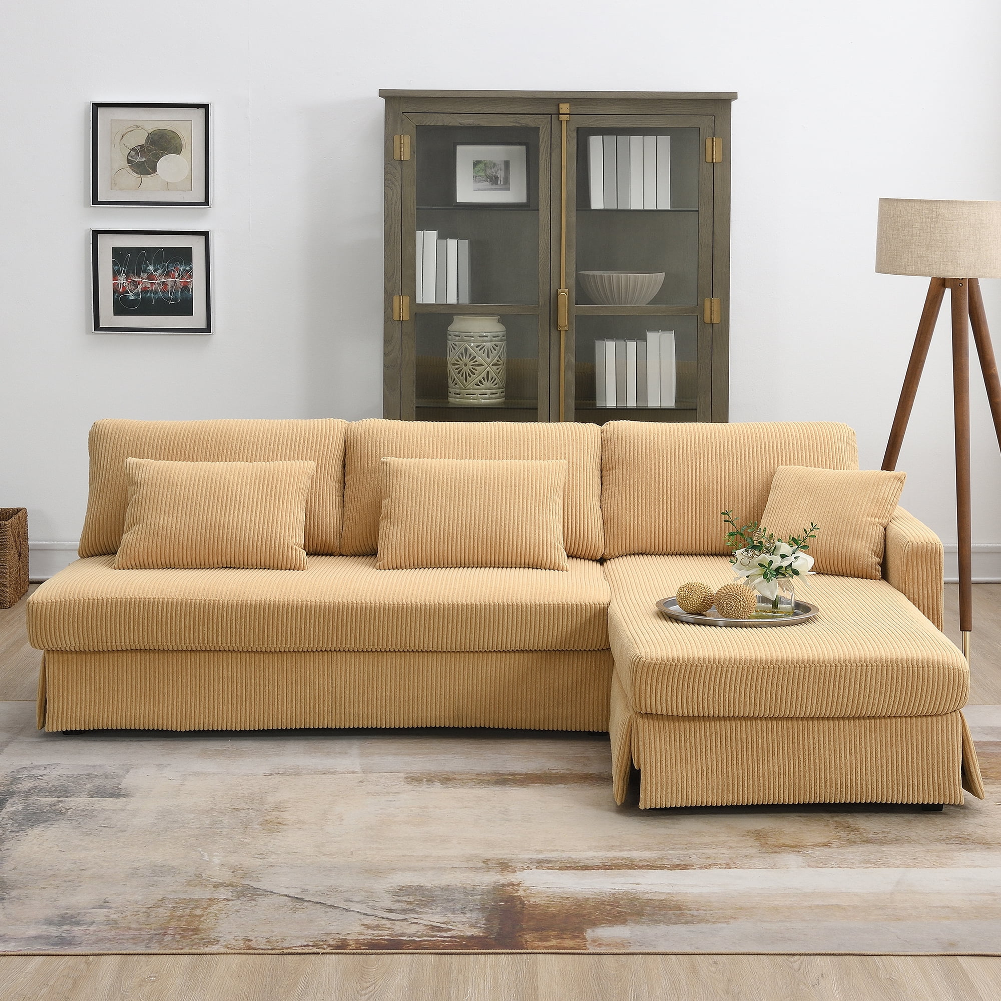 Modern L-shaped Corduroy Sofa with Reversible Chaise,4-seat Upholstered Sectional Indoor Furniture,Convertible Sleeper Couch with Pillows for Living Room,Apartment