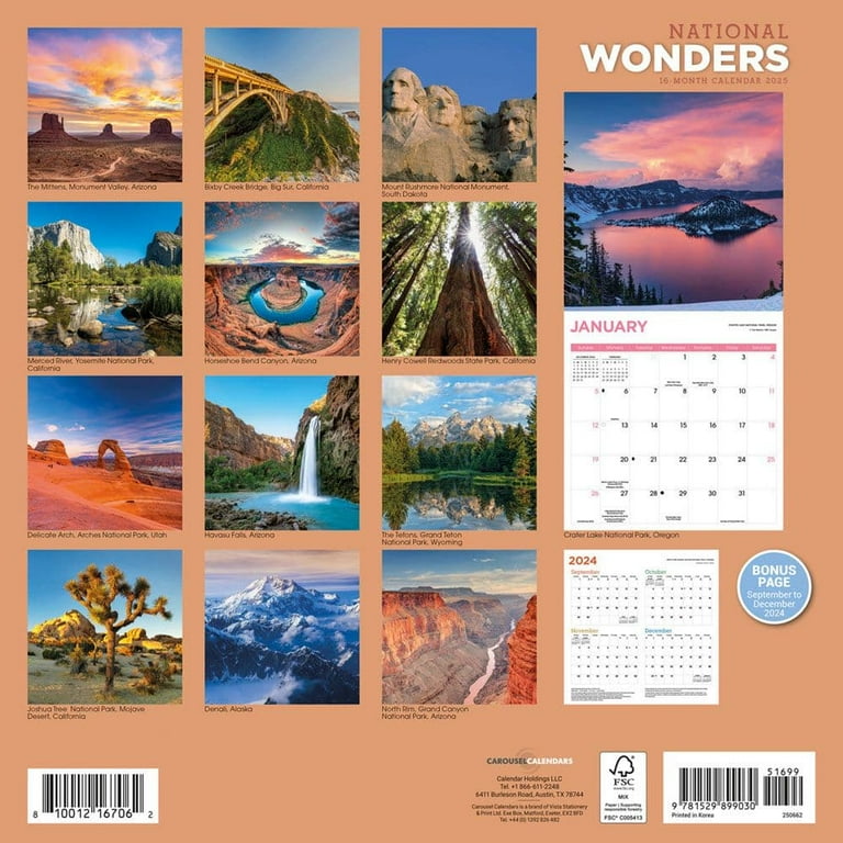 信頼も厚い Carousel Calendars, National Wonders 2025 Wall Calendar 手帳・カレンダー