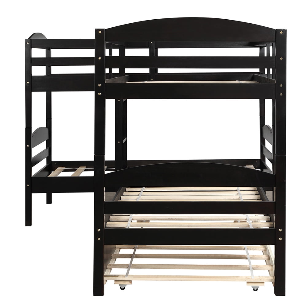 Twin Over Twin Bunk Beds with Trundle, L-Shaped Loft Bed with Guard for Teens Bedroom, Espresso Twin Over Twin Bunk Beds with Trundle, L-Shaped Loft Bed with Guard for Teens Bedroom, Espresso