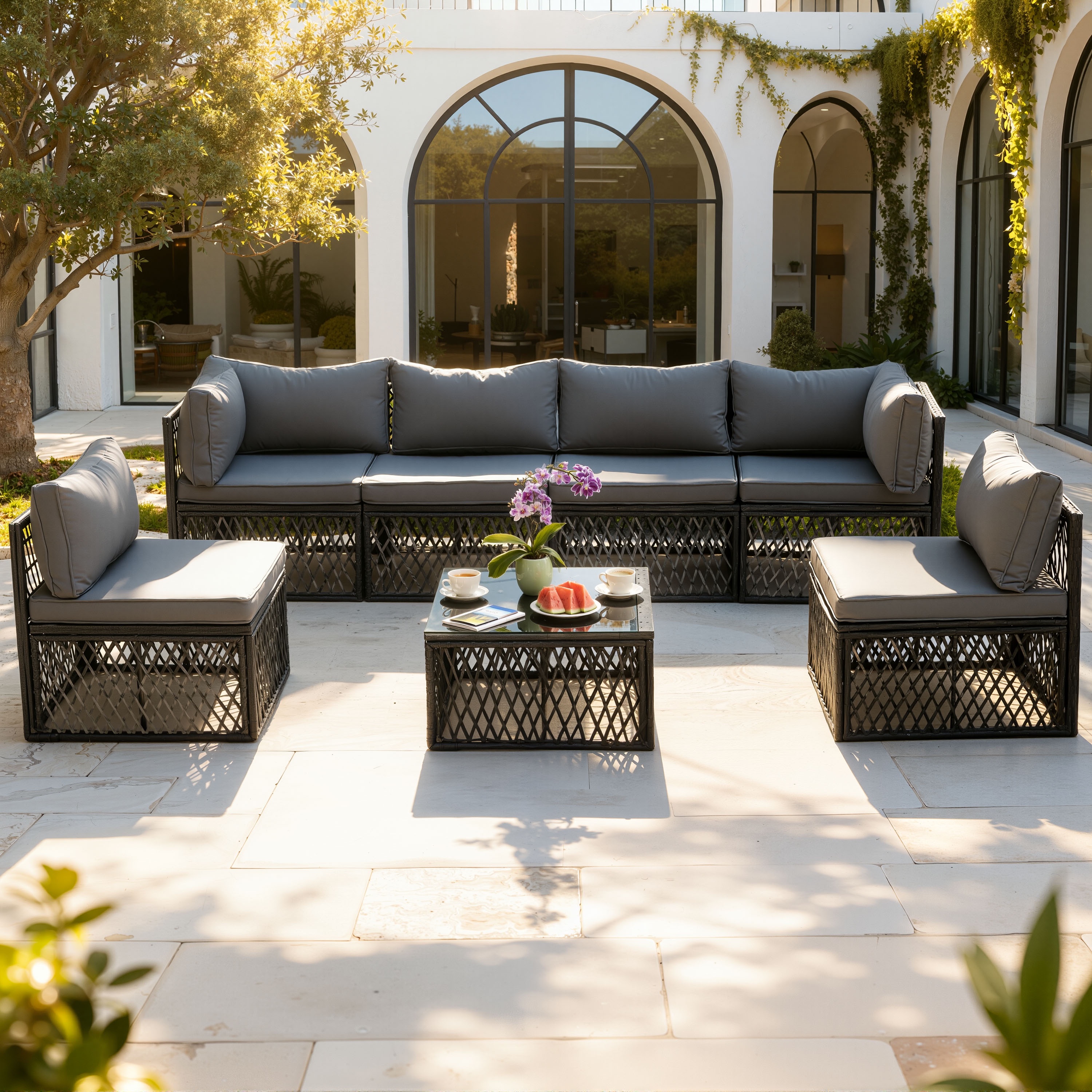 7 Piece Rattan Sectional Sofa Set, Outdoor Conversation Set, All-Weather Wicker Sectional Seating Group with Cushions & Coffee Table, Morden Furniture Couch Set for Patio Deck Garden Pool