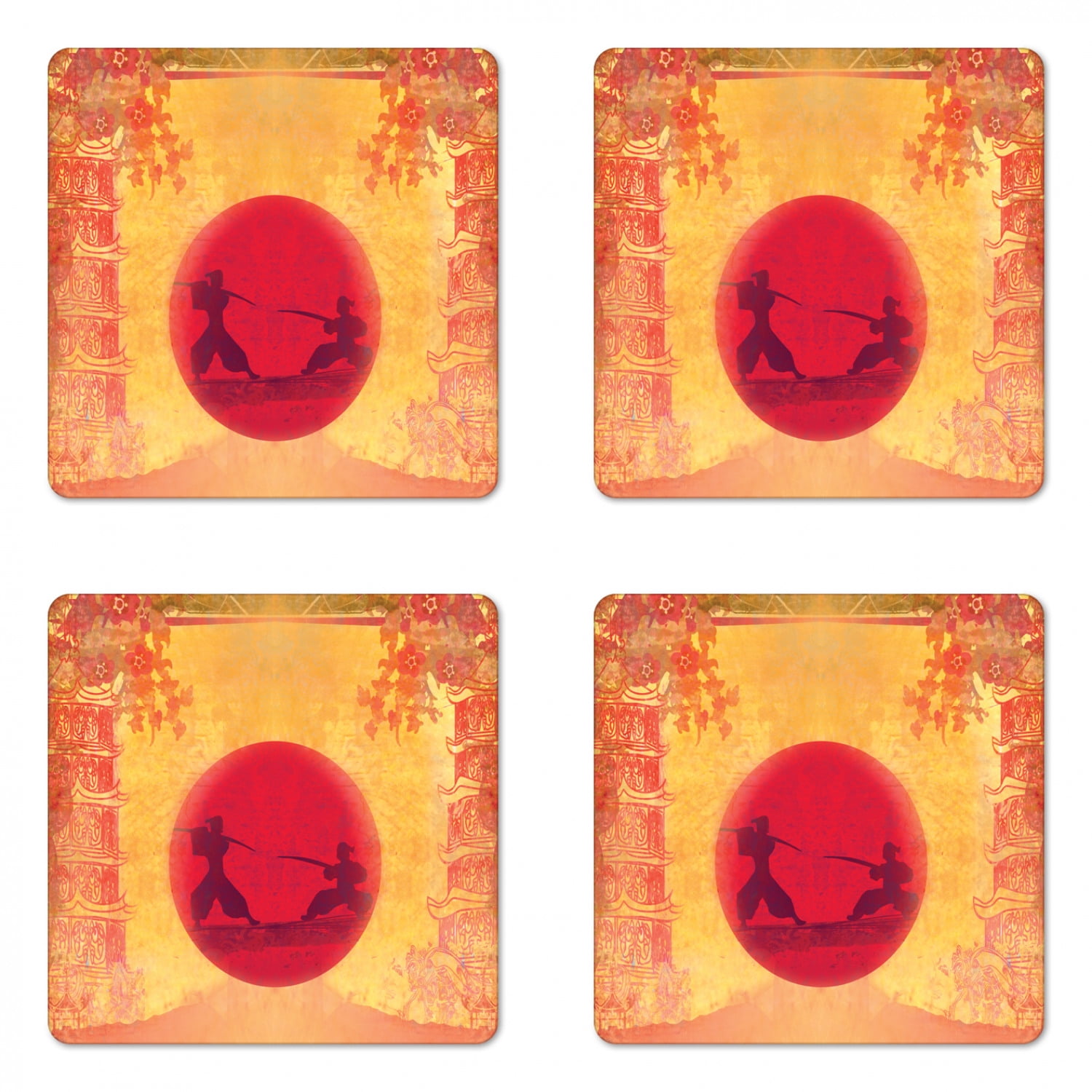 Japanese Coaster Set of 4, Warrior Ninjas at Sunset Between Building Flowers Theme Japanese