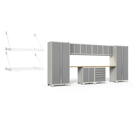 

NewAge Products Pro Series Platinum 12 Piece Cabinet Set Heavy Duty 18-Gauge Steel Garage Storage System LED Lights / Wall Mounted Shelf Included