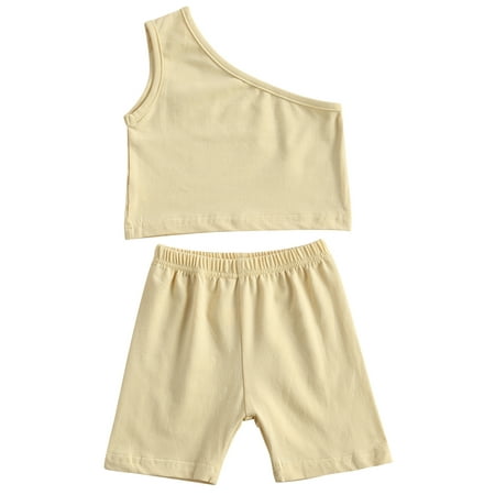 

Canrulo 2PCS Infant Kids Baby Girls Solid Color Cotton One Shoulder Tops Shorts Set Apricot 6-12 Months
