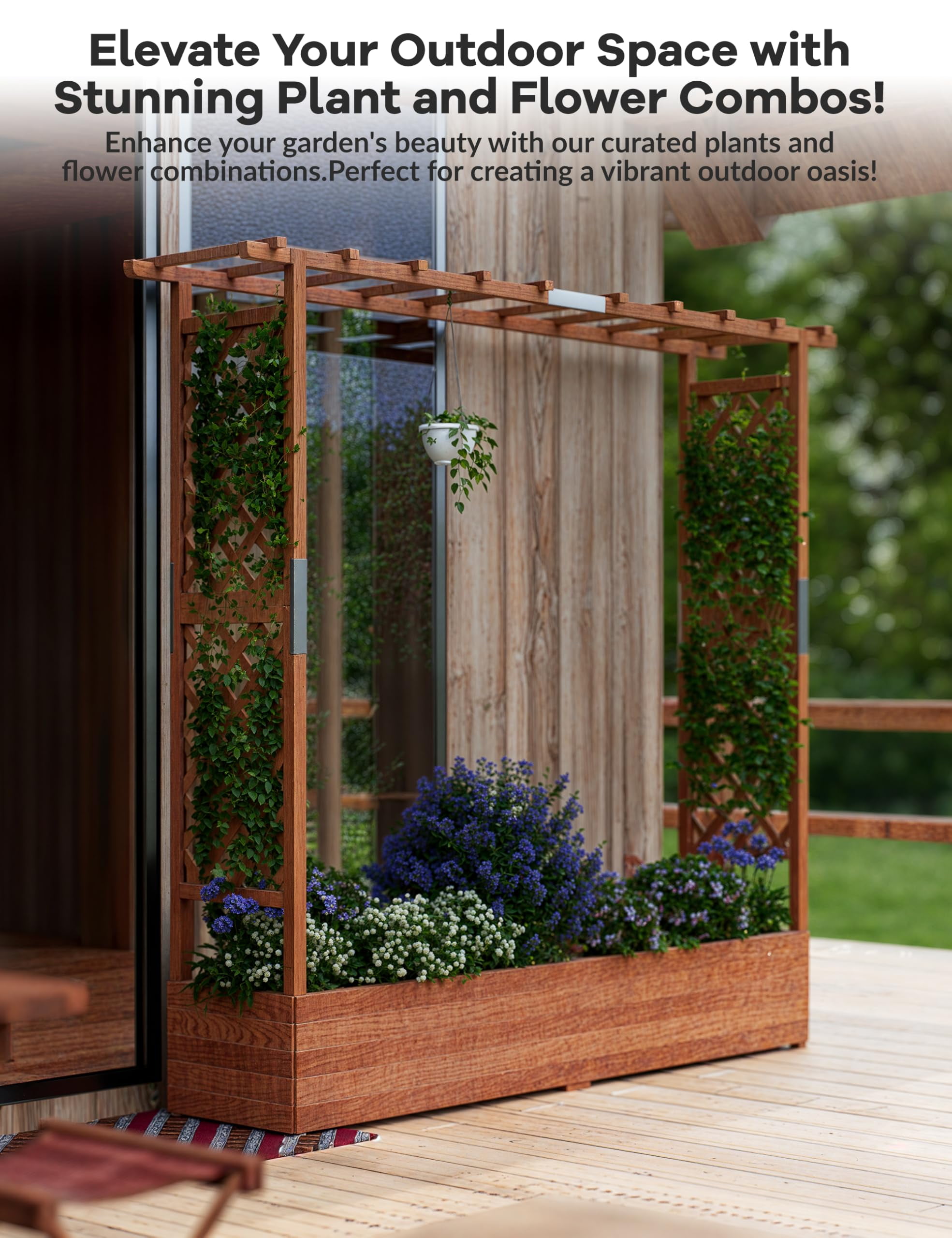 Goldensoil 77"x17"x72" Raised Garden Bed with Trellis, Wooden Elevated Planter Box with Hanging Roof