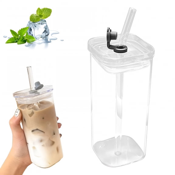 RAIRSKY Square Glass Tumbler with Lid Iced Coffee Cup Drinking Glasses for Hot and Cold Beverages Bar and Home Use Iced Coffee Cups with Lids
