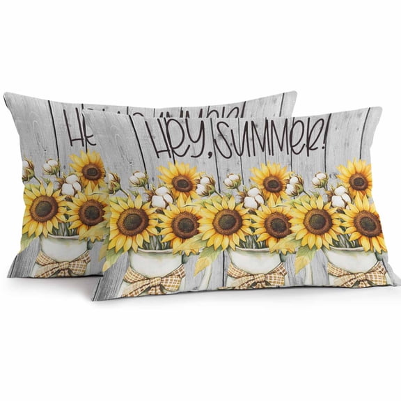 Outdoor Waterproof Pillow Covers Pack of 2, Hey Summer Sunflower Yellow Floral Farm Wood Grain Decorative Throw Pillowcases Cushion Covers for Garden Patio Tent Sofa Couch, 20x12 inch