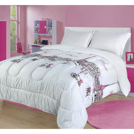 Twin Paris Comforter Bedding Set France Pink White Grey Eiffel