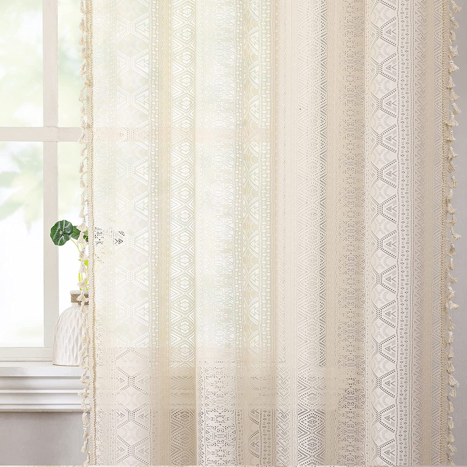Bohogeo Beige Linen Tassel Sheer Lace Curtain Panels, Chic Crochet Farmhouse Rod Pocket Window Curtain Drapes for Living Room/Bedroom,2 Panels, Beige, 84"L x 40"W