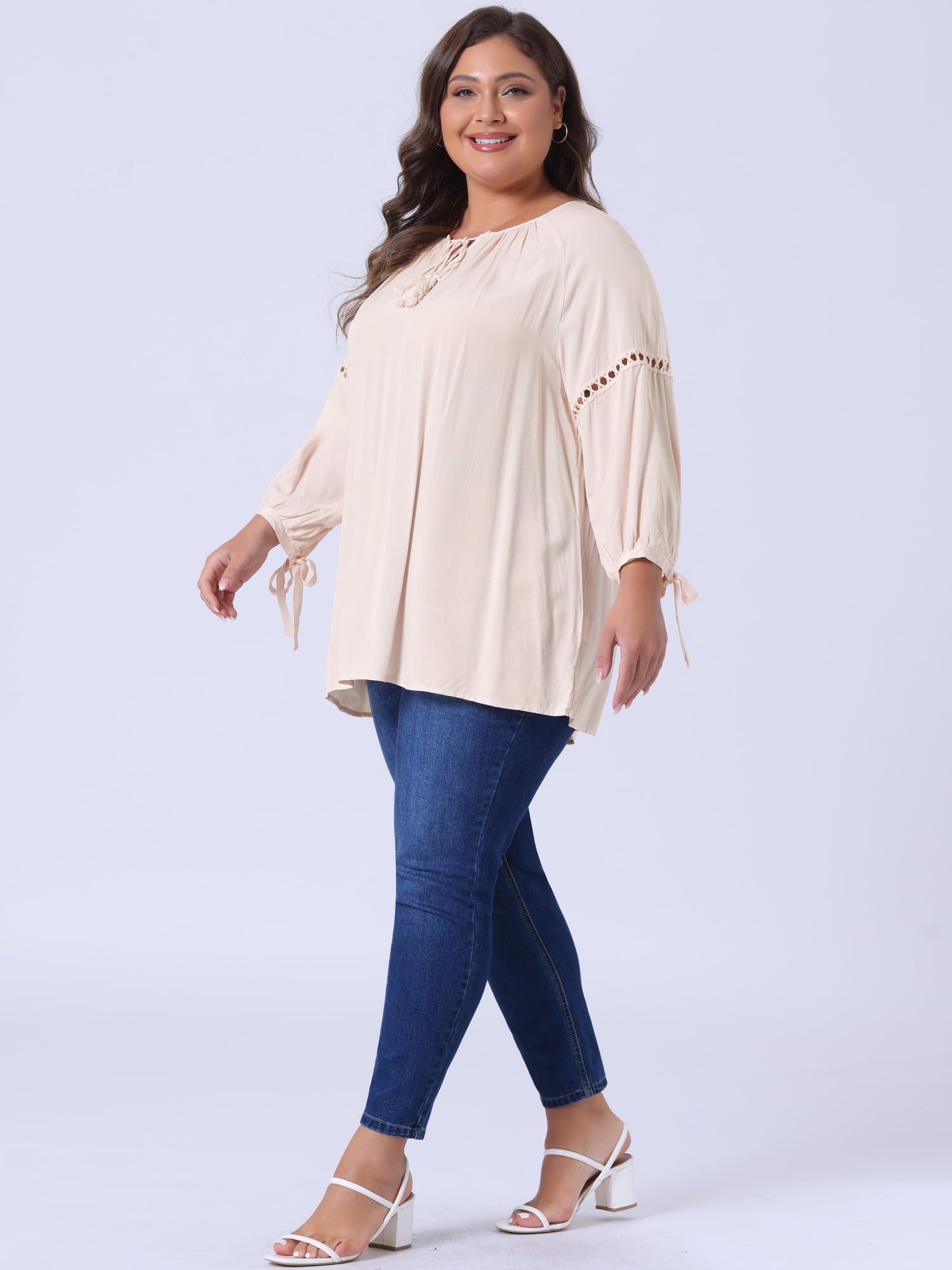 DARING DIVA Women's Plus Tie-Neck Raglan Sleeves Hollow Out Top 2X Beige
