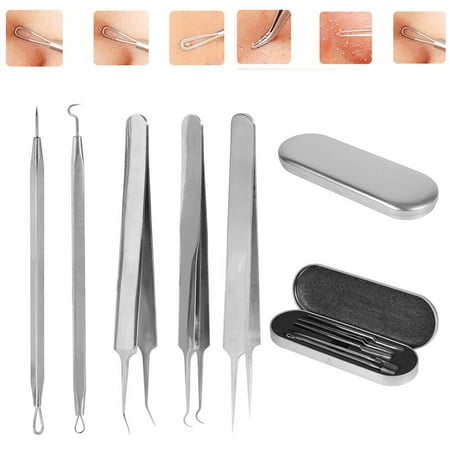 5Pcs Acne Extractor, Stainless Steel Blackhead Whitehead Pimple Spot Comedone Extractor Remover Tool Kit (5PCS Needle + 1PC