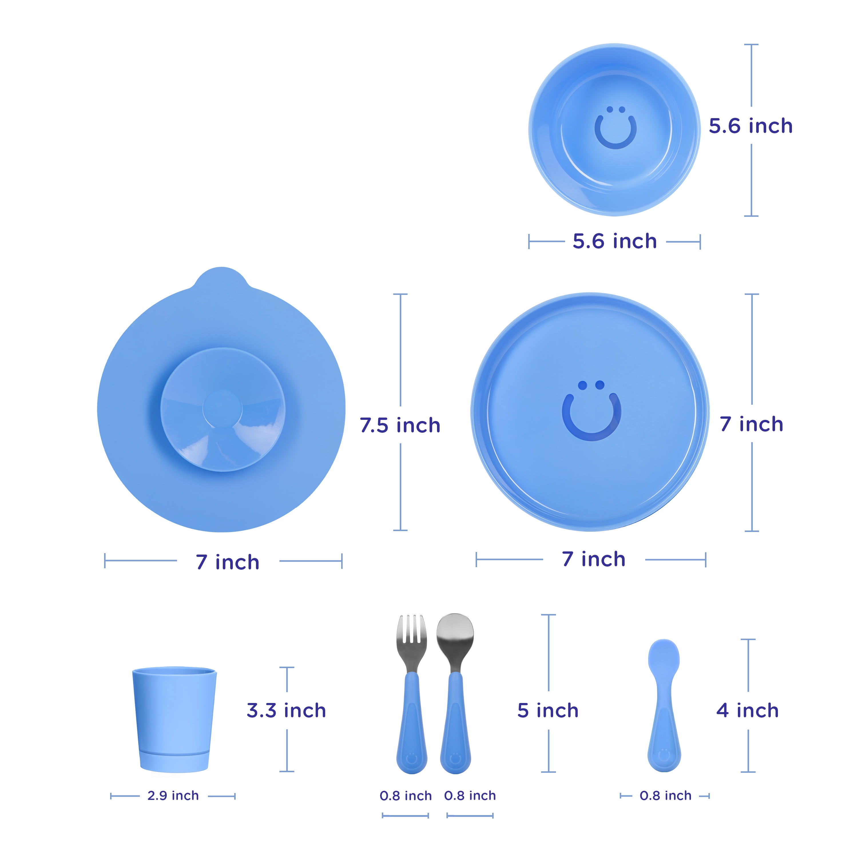 Ubbi 7-Piece Suction Toddler Feeding Set, Includes Plate, Bowl, Cup, Utensils, Interchangeable Suction Cup Base, Polaris Blue
