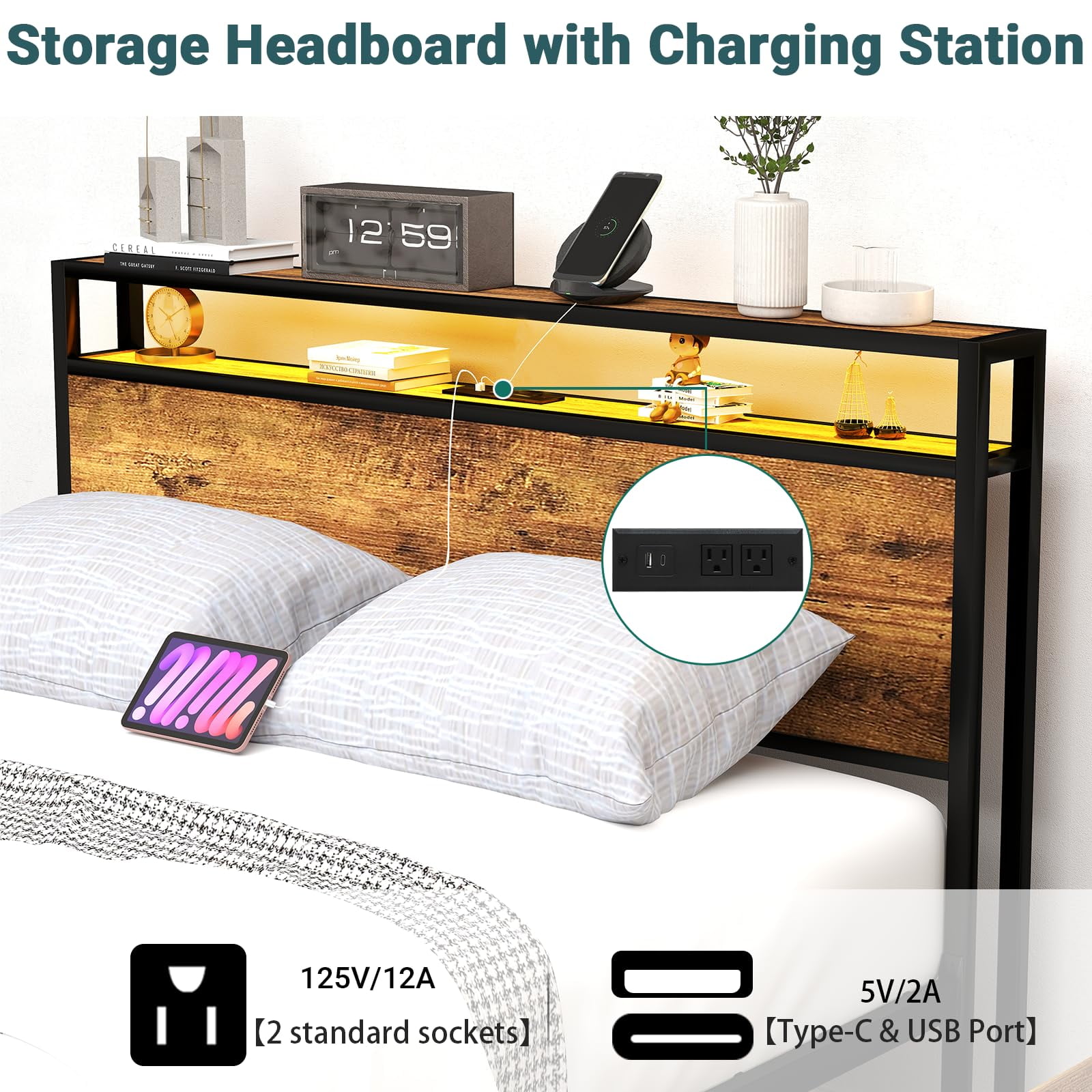 ZIVACATE Queen Bed Frames with Headboard, Queen Size Storage Bed Frame with 8 Drawers, Built-in Charging Ports & Outlets, Adjustable Atmospheric LED Lights, Queen-Size Metal Foundation Beds, Brown
