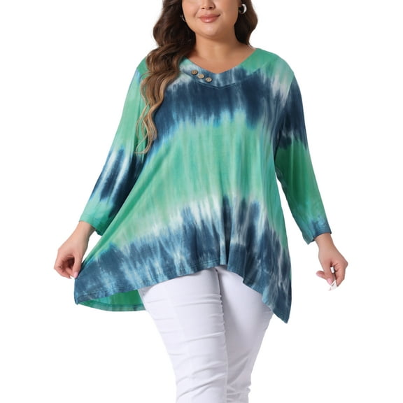 Agnes Orinda V Neck Plus Size Tops for Women Elbow 3/4 Sleeve Loose Fit Casual Blouse Tee Top Tie Dye T Shirts Trendy