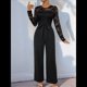thumbnail image 4 of Mono Formal de Larga con Cuello Redondo y Retazos de Encaje para Mujer, Color Liso, Informal, de una Pieza. Negro XL, 4 of 10
