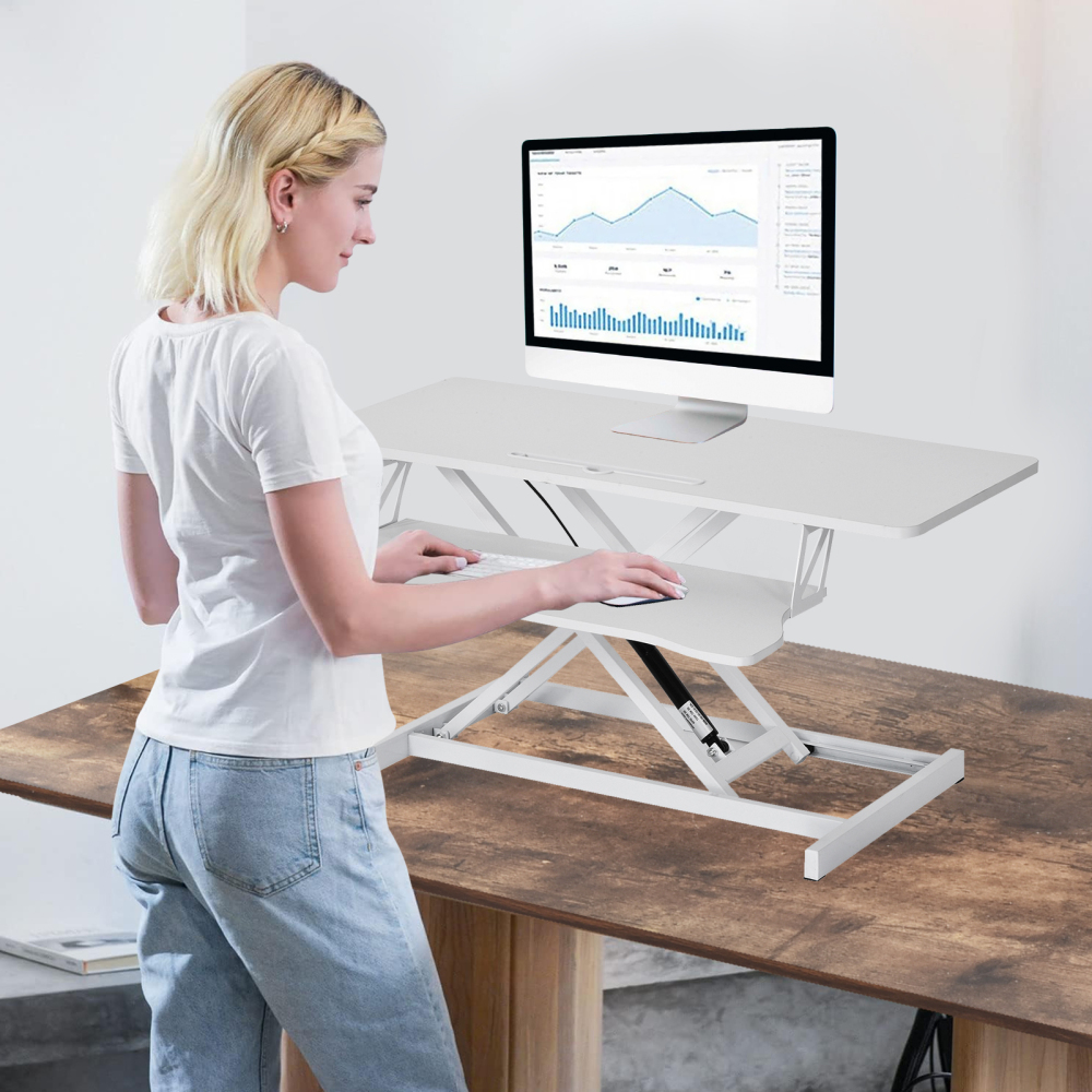Height Adjustable Standing Desk Converter, 37in Desk Riser with Keyboard Tray for Home, School (White)