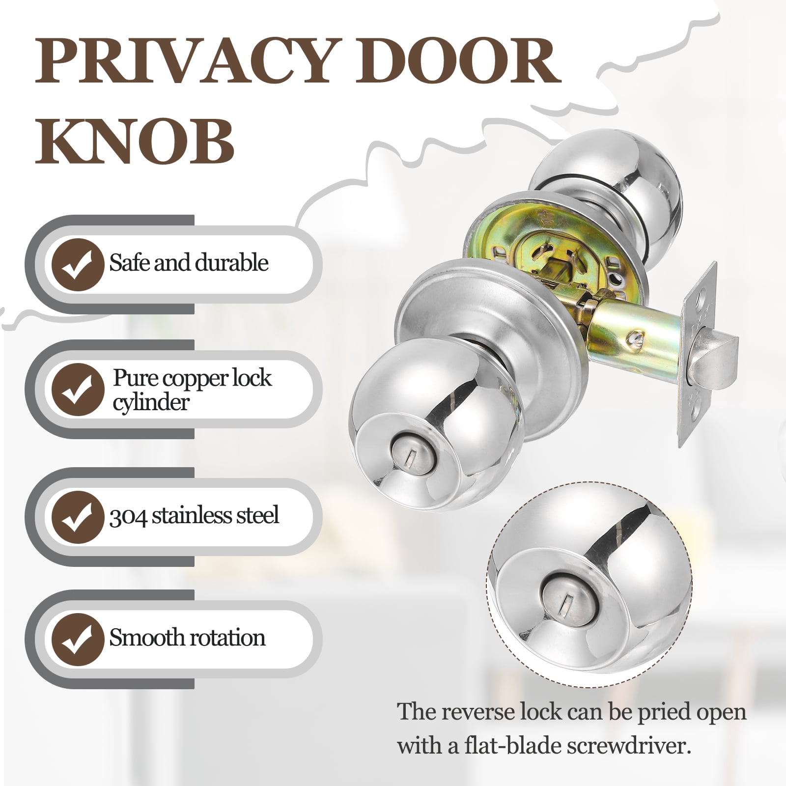 2 Pack Privacy Door Knob, Round Interior Door Handles Keyless Turn Lock Doorknob with Screws Fits 1.77"-2.56" Thickness for Bedroom, Bathroom Closets, Silver Tone