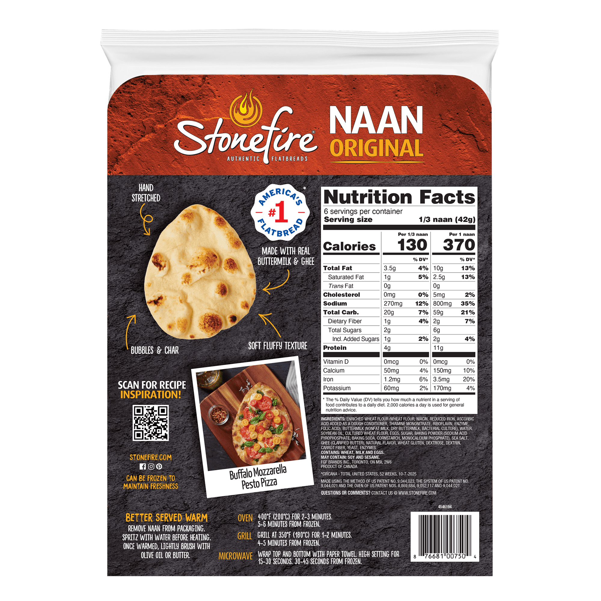 Stonefire® Original Naan Bread, Shelf-Stable, Regular, Fresh Soft Bread, 8.8 oz, 2 Count
