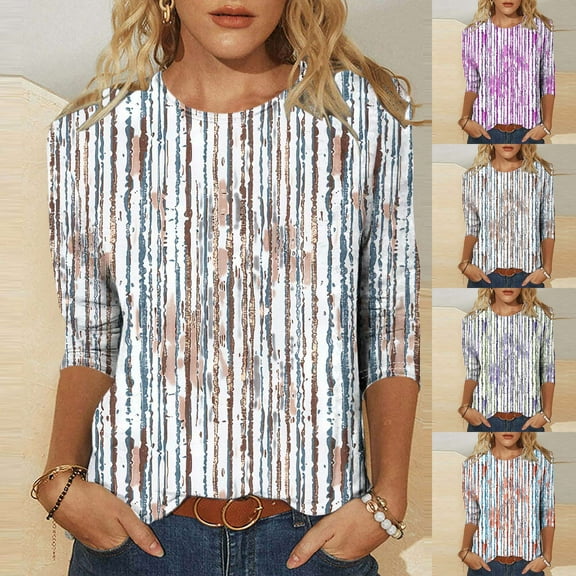 CYMMPU Floral Printed 3/4 Sleeve Crew Neck Blouses for Women Dressy Casual Tunic Tops Spring Tops Fall Fashion Shirts Loose Fit Lightweight Basic T-Shirts Purple XL