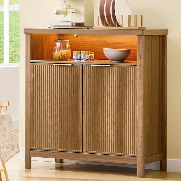 Sideboard and Buffets with Smart LED Light, Farmhouse Storage Cabinet with Fluted Panel Doors and Adjustable Shelf for Living Room, Entryway, Coffee Bar for Kitchen, oak & Wood