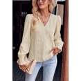 thumbnail image 3 of Solid Color Long Sleeve Shirred Cuff Eyelet Blouse for Women Beige Small, 3 of 5