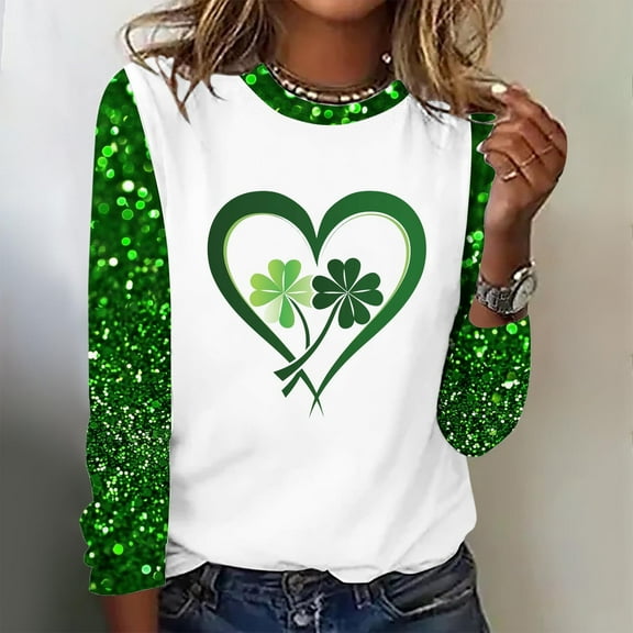 Cavosen St Patricks Day Blouses for Women Long Sleeve Festival Shamrock Heart Green Print Tops Pullover Round Neck Holiday Tshirts Blessed Vacation Novelty Shirts Loose Blouse M