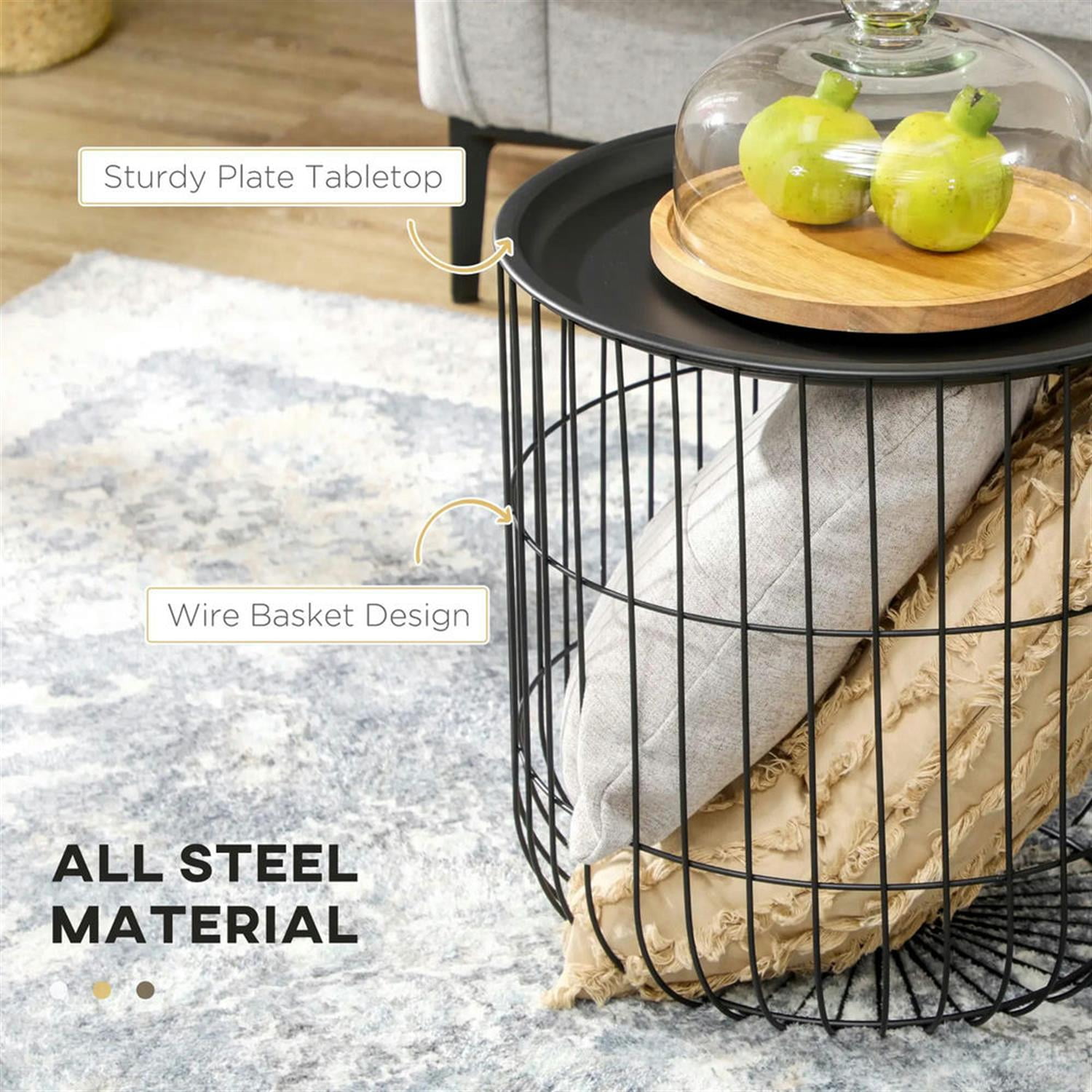 Demi Bonn 15" Nesting Coffee Tables with Steel Wire Basket & Removable Top, Living Room Home Decor for Patio and Garden, Black