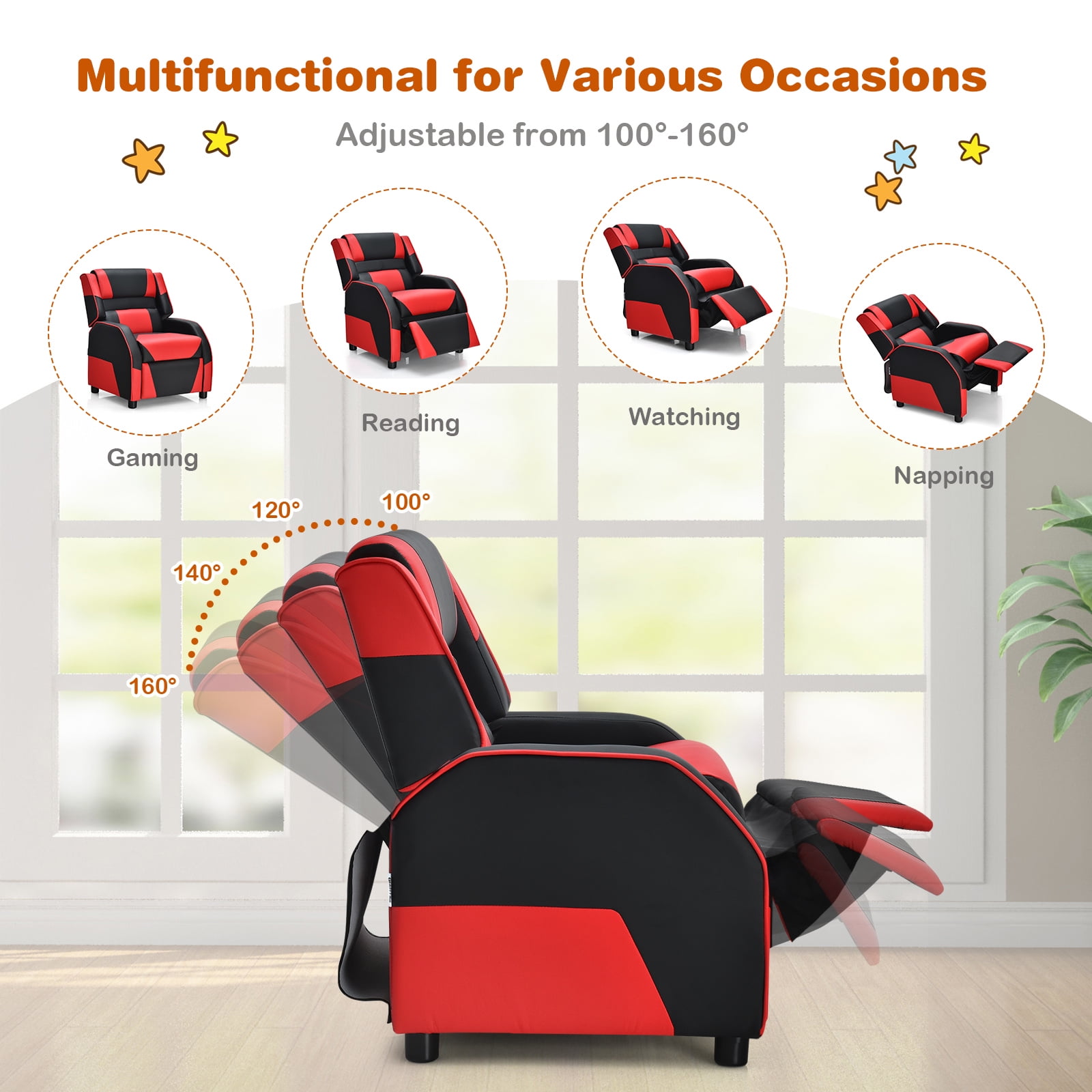 Infans Kids Youth Gaming Sofa Recliner w/Headrest & Footrest PU Leather Red