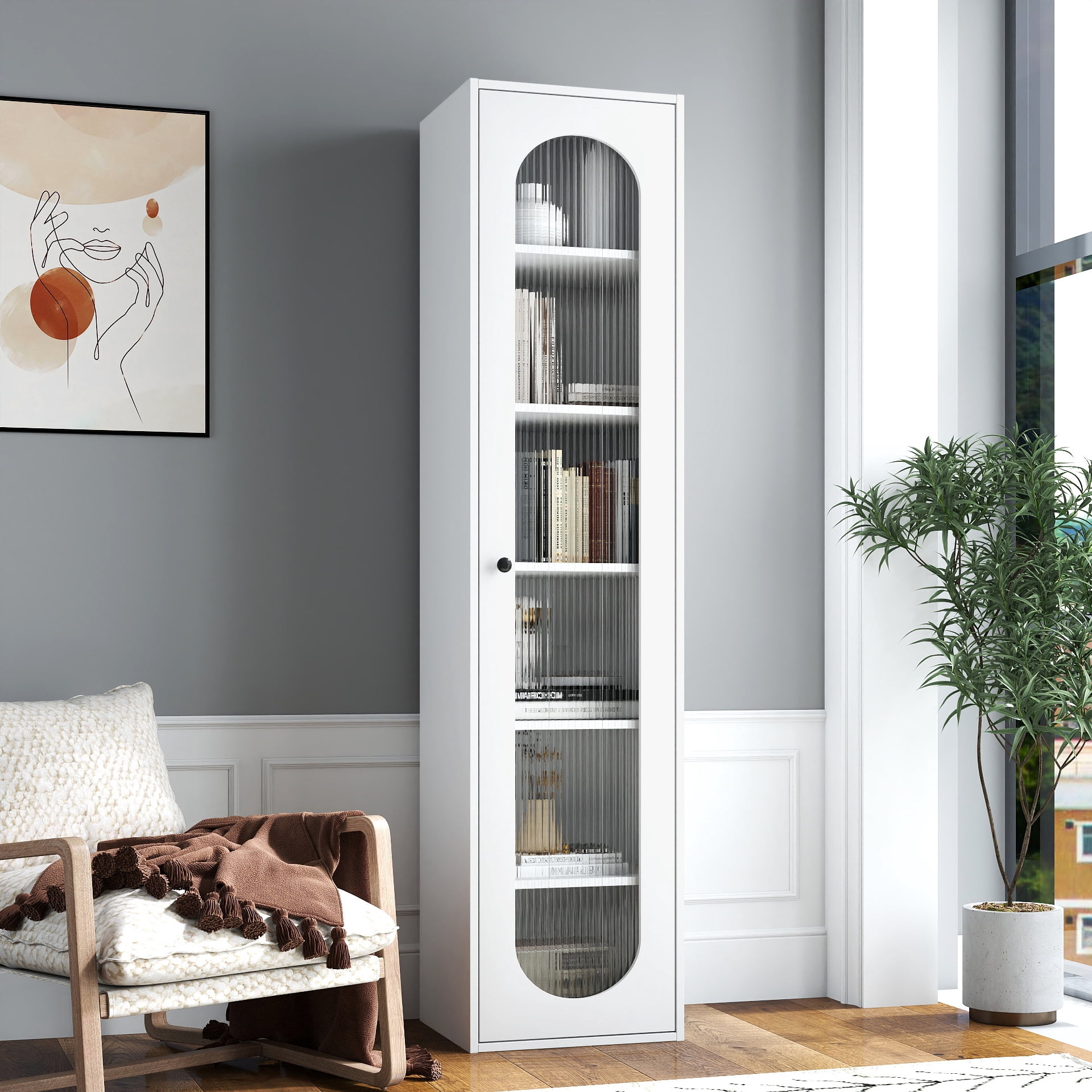 Mintazer 67" Tall Display Cabinet with Fluted Glass Door, 6 Tier Freestanding Storage Bookcase for Living Room Bedroom Home Office, White