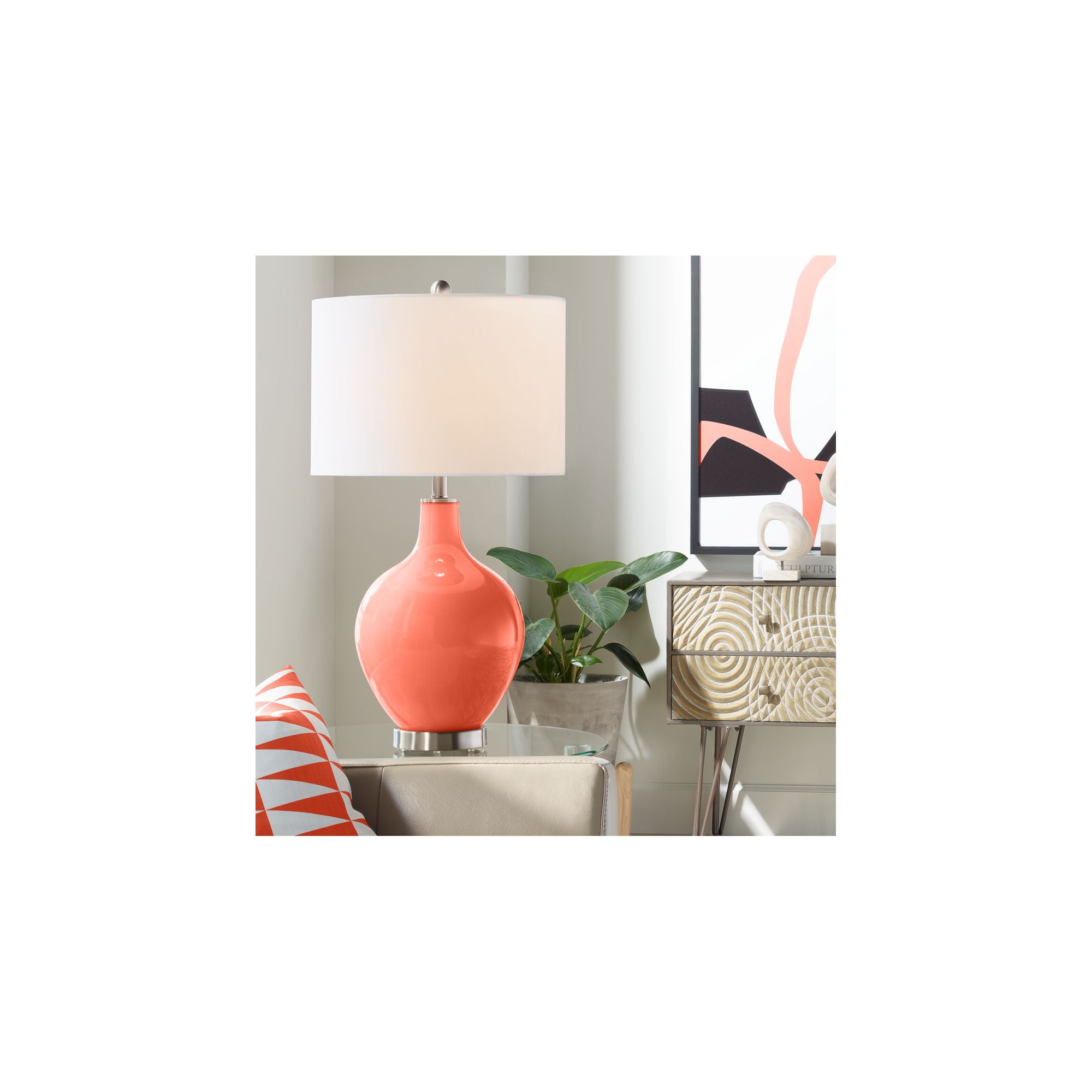 Color Plus Modern Table Lamp Daring Orange Glass Ovo White Linen Drum Shade for Living Room ...
