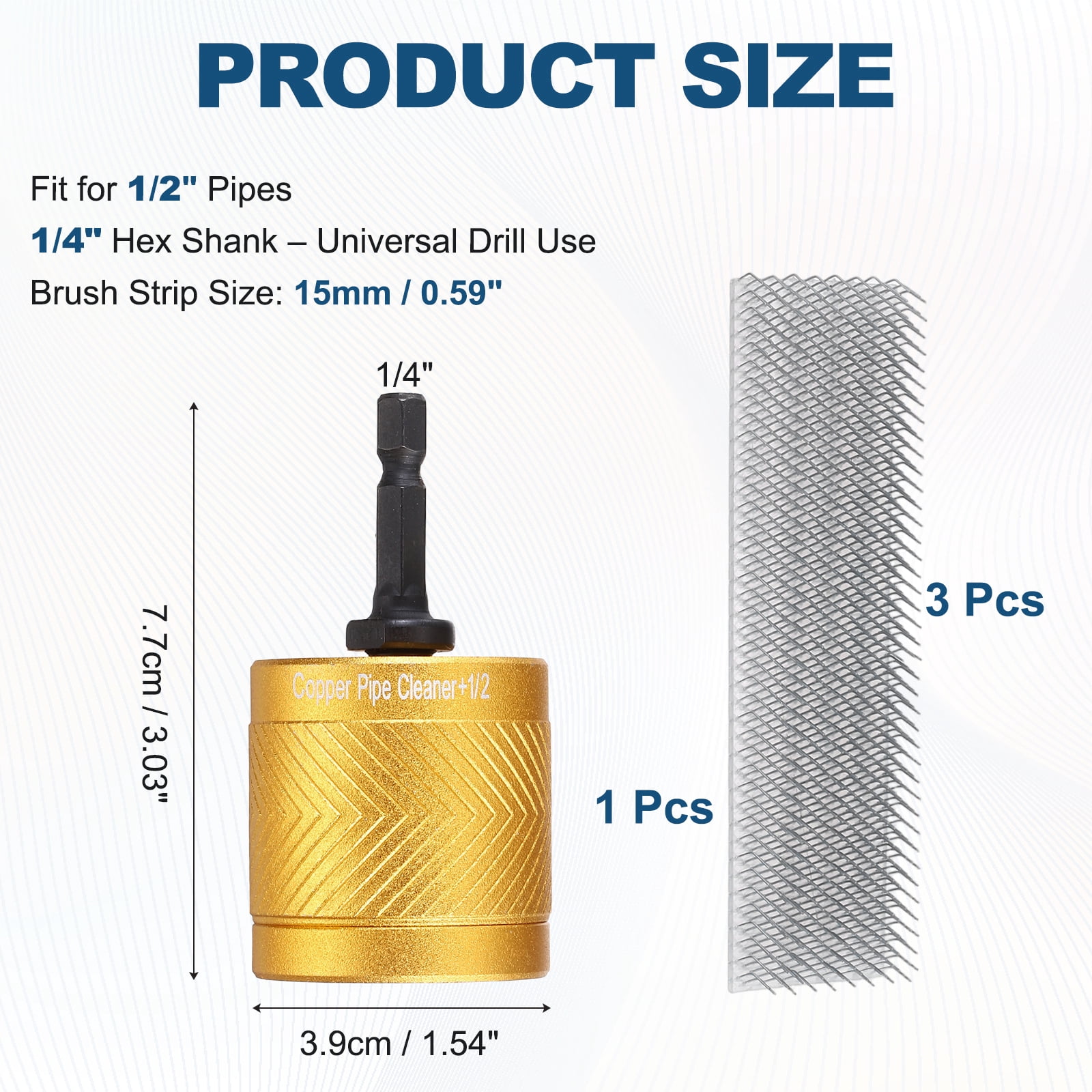 Uxcell 1/2" 1/4" Metal Copper Pipe Cleaner Set, Hex Shank Drill Powered Pipe Brush Replacement Plumbing Tools with 3 Brushes for Removing Dust Rust Copper Various Metal Pipes, Gold