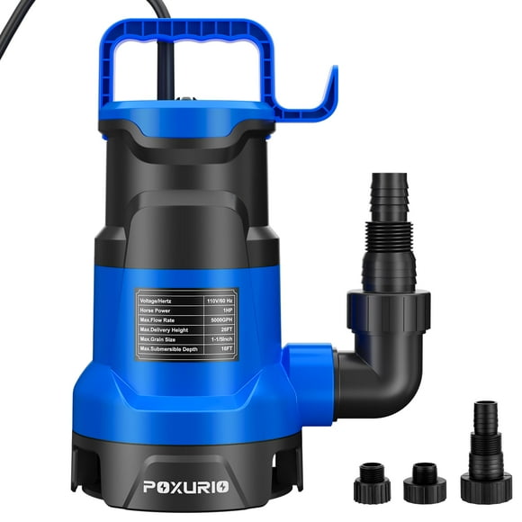 POXURIO 1HP Sump Pump, 5000GPH Submersible Sump Pump, 750W Utility Water Pump, 26FT Cord for Basement, Swimming Pool, Pond, Dirty Water