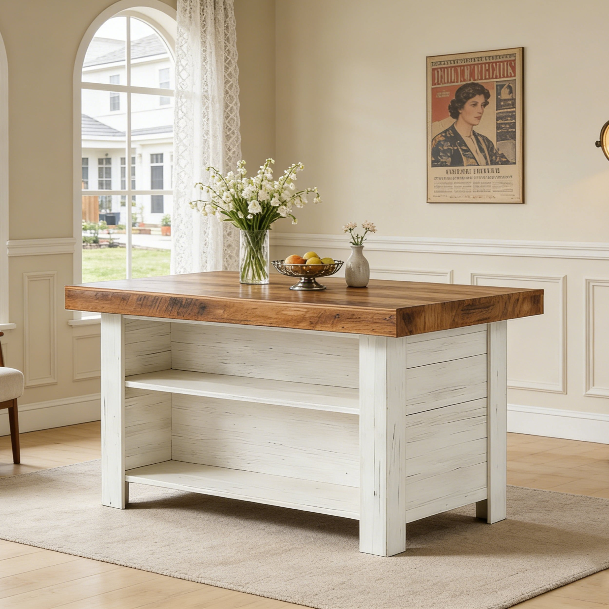 Fnova 55" Farmhouse Kitchen Island with Storage, Wooden Kitchen Table with 2-Tier Storage Shelves & Large Worktop, Modern Large Counter Height Table for Kitchen Prep & Dining