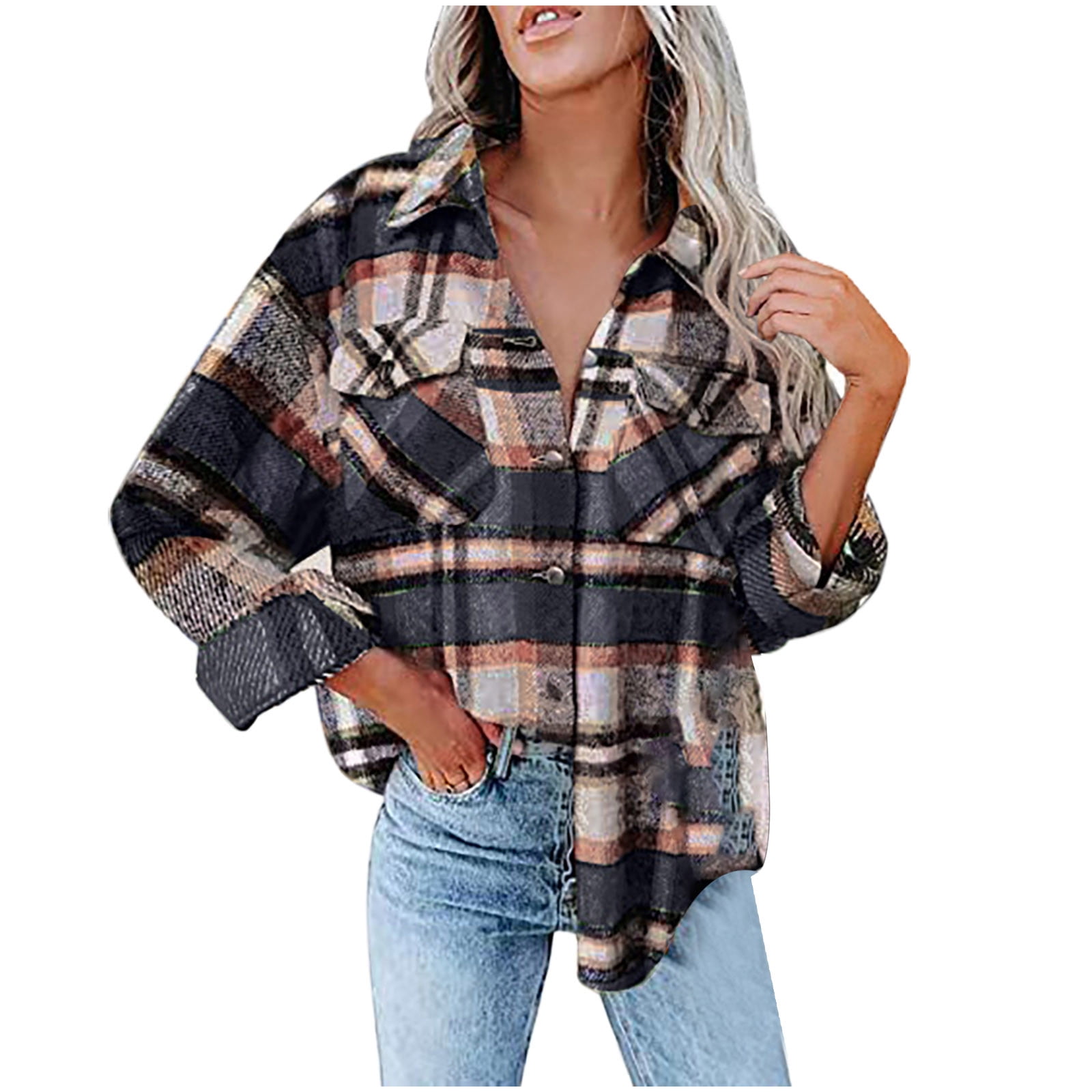 Womens Casual Plaid Flannel Shacket Jacket Oversized Brushed Button ...