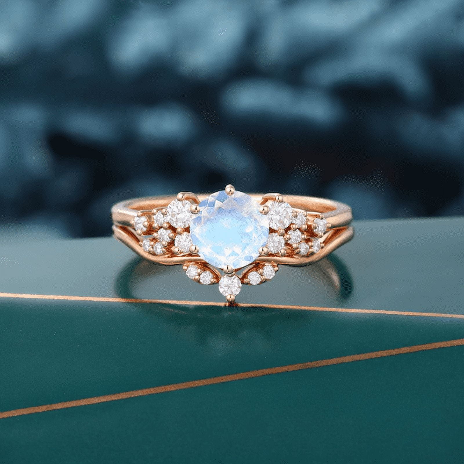 Round Cut Moonstone & White Diamond Ring Set in 14K Rose Gold Vermeil- Promise Ring- June Birthstone