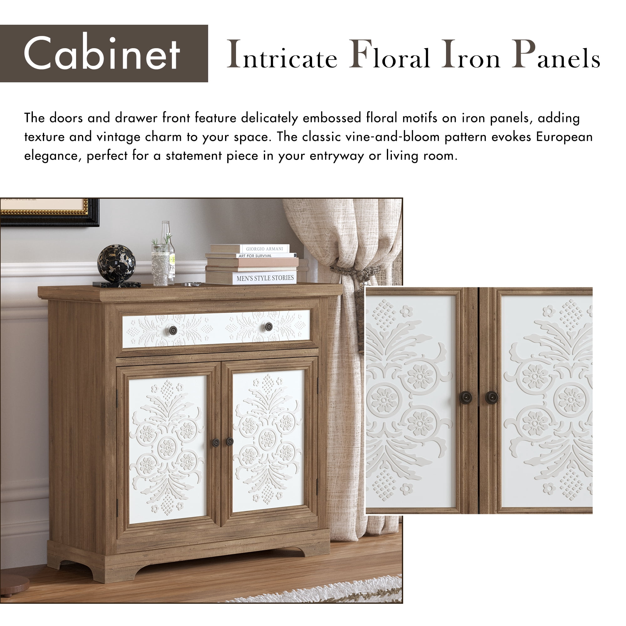 TrumanPick Rustic Vintage Accent Sideboard with Carved Floral Doors, Distressed Wood Storage Cabinet with Drawer, 2-Shelf Farmhouse Organizer for Living Room, Entryway