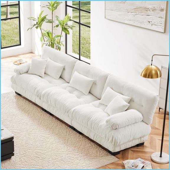 3-Seater Modular Chenille Sofa | White Deep Seat with Round Arms | Cushion Back for Living Room, Apartment