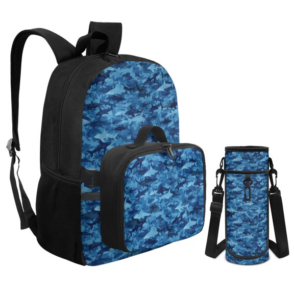 Chririnla Sharks Camo Kids Backpack,School Bookbag Set with Lunch Box and Bottle Holder for Teens Boy and Girls Set 3 In 1