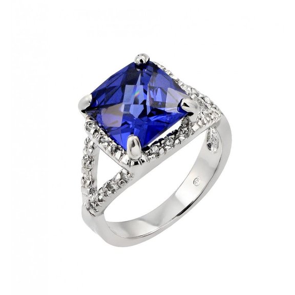 Rhodium Plated Sterling Silver 925 Blue Princess Cut Clear Cubic Zirconia Ring Jewelry Female Size 7