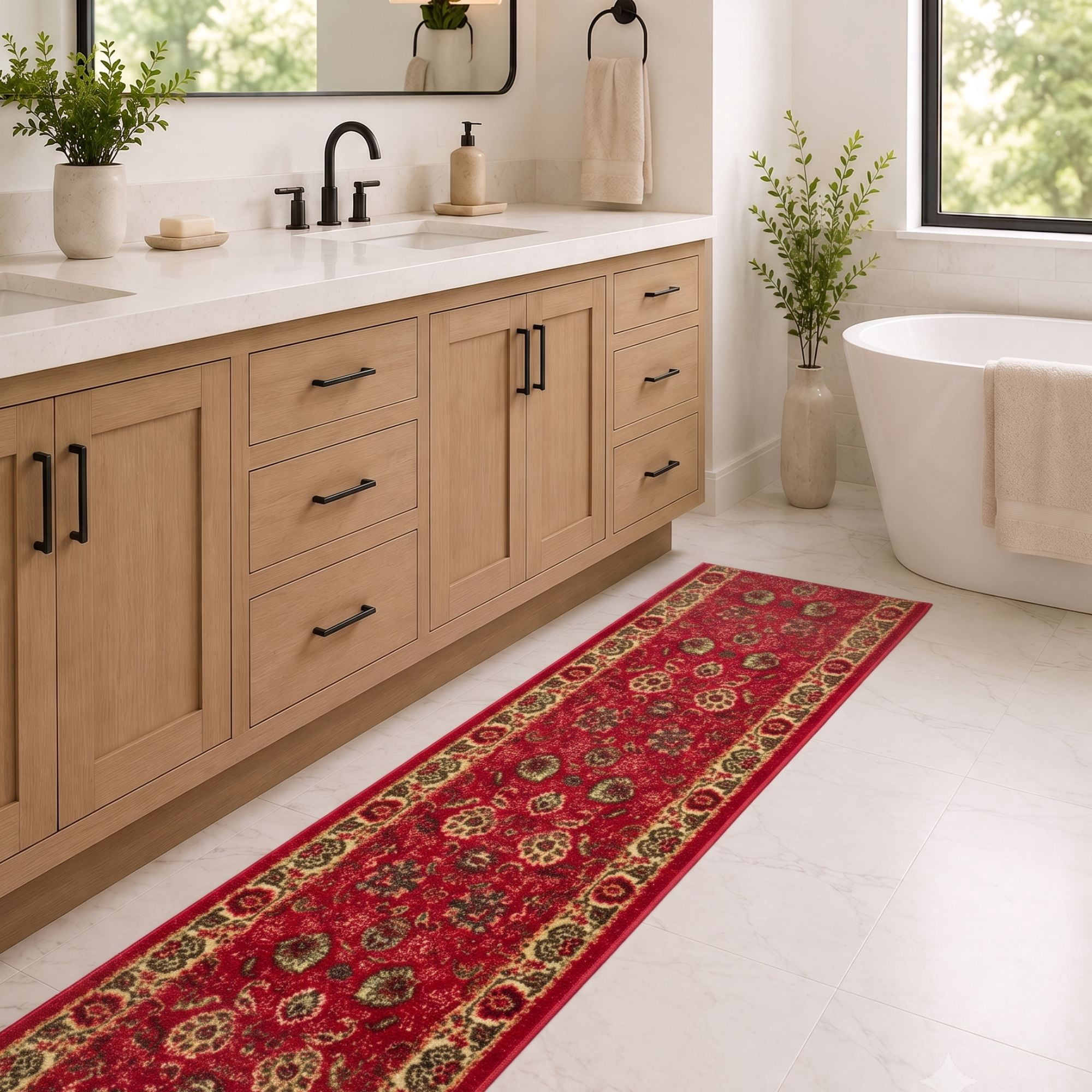Ottomanson Extra Long Runner Rug 1'10.5" x 55' – Non-Slip Low Pile Hallway Carpet, Oriental Red